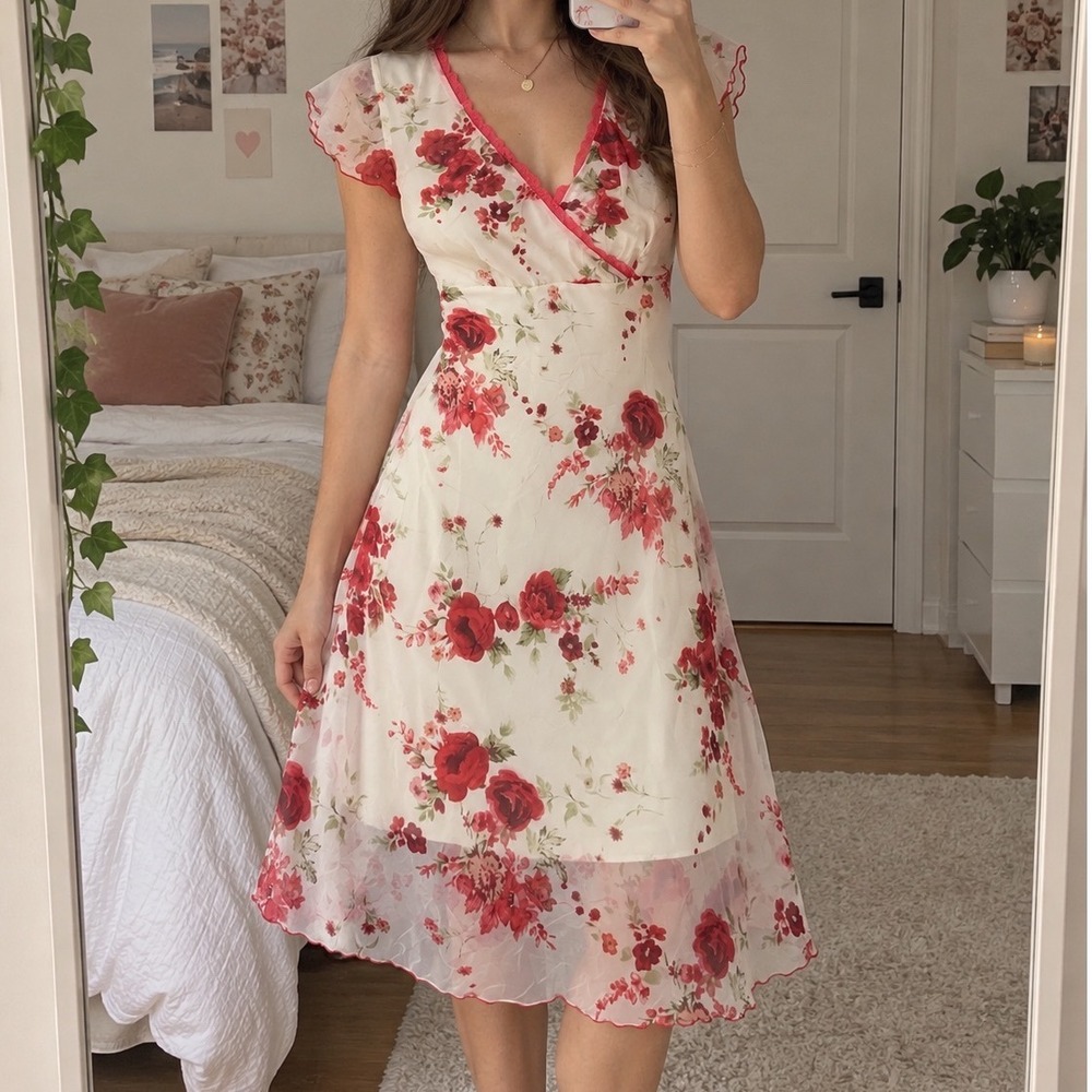 Vtg City Triangles Floral Rose Midi Dress Flutter Sleeve Lace Trim cottage y2k